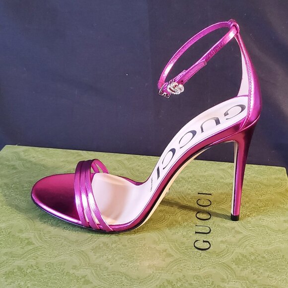 NIB Gucci metallic fuchsia leather stiletto heel GG logo sandals IT 38 US 8 - Picture 2 of 8